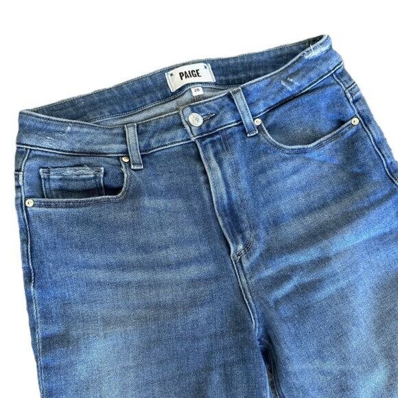 PAIGE Cindy Straight Leg Raw Edge Hem Cropped Stretch Jeans Medium Wash Size 28 - Picture 4 of 6